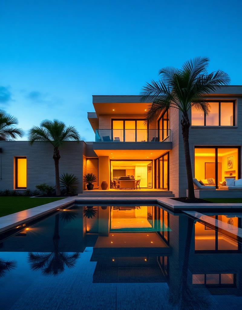 Luxury villa exterior at dusk